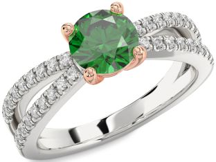 Diamond Emerald Silver & 10K Rose Gold Round Solitaire Pave Engagement Ring