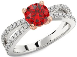 Diamond Ruby Silver & 10K Rose Gold Round Solitaire Pave Engagement Ring