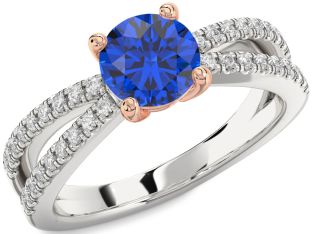 Diamond Blue Sapphire Silver & 10K Rose Gold Round Solitaire Pave Engagement Ring