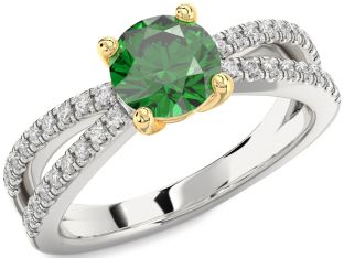 Diamond Emerald Silver & 10K gold Round Solitaire Pave Engagement Ring