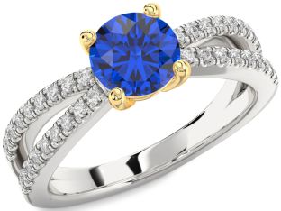 Diamond Blue Sapphire Platinum & Yellow Gold Round Solitaire Pave Engagement Ring