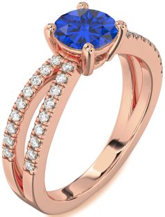 Diamond Blue Sapphire Rose Gold Silver Round Solitaire Pave Engagement Ring
