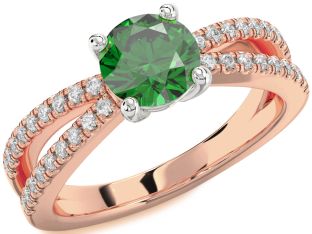 Diamond Emerald White Rose Gold Round Solitaire Pave Engagement Ring