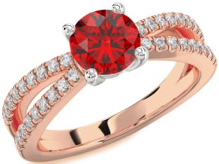 Diamond Ruby White Rose Gold Round Solitaire Pave Engagement Ring