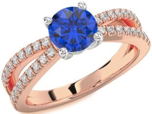 Diamond Blue Sapphire Rose Gold Silver Round Solitaire Pave Engagement Ring
