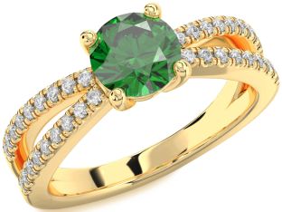 Diamond Emerald Gold Round Solitaire Pave Engagement Ring