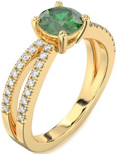 Diamond Emerald Gold Round Solitaire Pave Engagement Ring