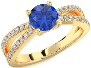 Diamond Blue Sapphire Gold Round Solitaire Pave Engagement Ring