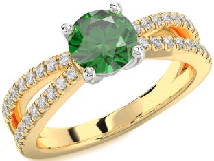 Diamond Emerald White Yellow Gold Round Solitaire Pave Engagement Ring