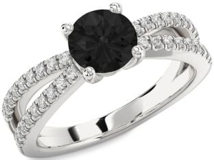 Black Diamond Silver Round Solitaire Pave Engagement Ring