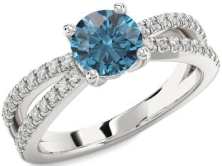 Blue Diamond Silver Round Solitaire Pave Engagement Ring