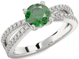 Diamond Emerald Platinum Round Solitaire Pave Engagement Ring