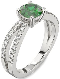 Diamond Emerald Platinum Round Solitaire Pave Engagement Ring
