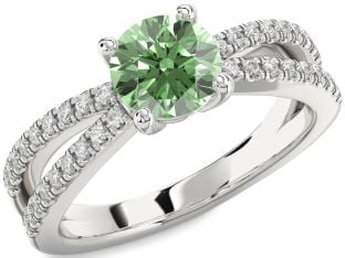 Green Diamond Silver Round Solitaire Pave Engagement Ring