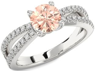 Diamond Morganite Silver Round Solitaire Pave Engagement Ring