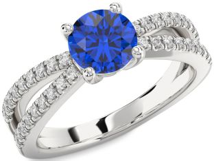 Diamond Blue Sapphire Platinum Round Solitaire Pave Engagement Ring