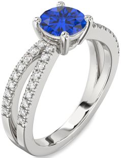 Diamond Blue Sapphire Silver Round Solitaire Pave Engagement Ring