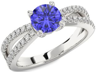 Diamond Tanzanite Silver Round Solitaire Pave Engagement Ring