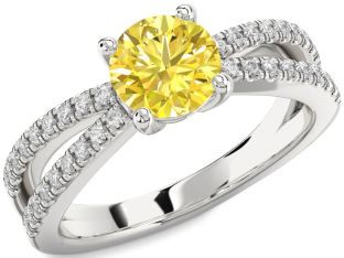 Yellow Diamond Silver Round Solitaire Pave Engagement Ring