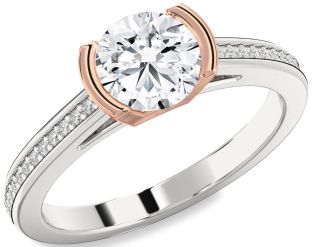 Diamond Silver & 10K Rose Gold Round Solitaire Pave Engagement Ring