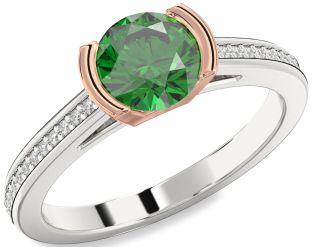 Diamond Emerald Silver & 10K Rose Gold Round Solitaire Pave Engagement Ring