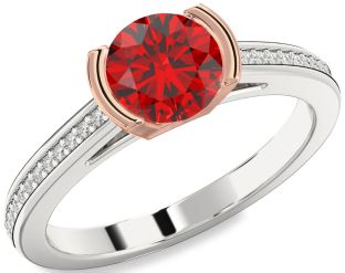 Diamond Ruby Silver & 10K Rose Gold Round Solitaire Pave Engagement Ring