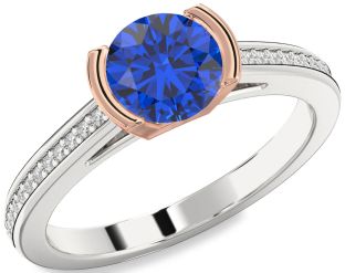 Diamond Blue Sapphire White Rose Gold Round Solitaire Pave Engagement Ring