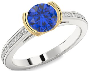Diamond Blue Sapphire Gold Silver Round Solitaire Pave Engagement Ring