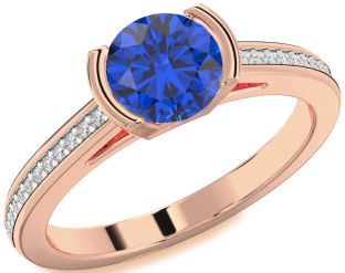 Diamond Blue Sapphire Rose Gold Round Solitaire Pave Engagement Ring