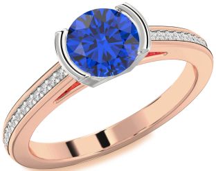Diamond Blue Sapphire Platinum & Rose Gold Round Solitaire Pave Engagement Ring