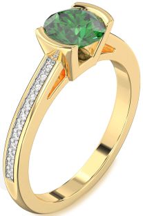 Diamond Emerald Gold Round Solitaire Pave Engagement Ring