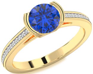 Diamond Blue Sapphire Gold Round Solitaire Pave Engagement Ring