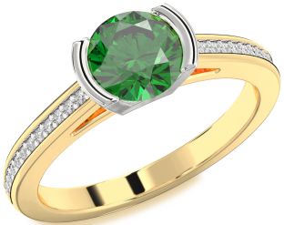 Diamond Emerald White Yellow Gold Round Solitaire Pave Engagement Ring
