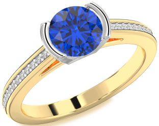 Diamond Blue Sapphire Gold Silver Round Solitaire Pave Engagement Ring