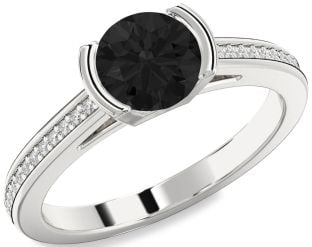 Black Diamond Silver Round Solitaire Pave Engagement Ring