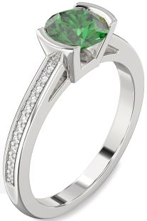 Diamond Emerald Platinum Round Solitaire Pave Engagement Ring