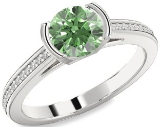 Green Diamond Silver Round Solitaire Pave Engagement Ring