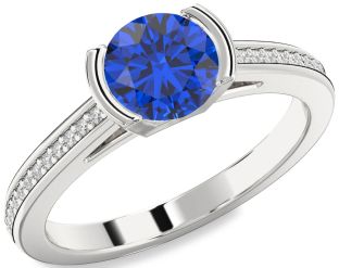 Diamond Blue Sapphire Platinum Round Solitaire Pave Engagement Ring