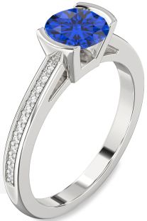 Diamond Blue Sapphire Silver Round Solitaire Pave Engagement Ring