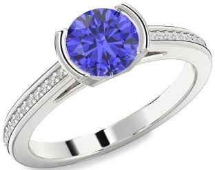 Diamond Tanzanite Silver Round Solitaire Pave Engagement Ring