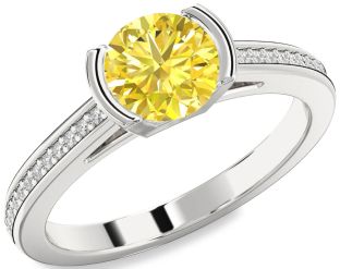 Yellow Diamond Silver Round Solitaire Pave Engagement Ring