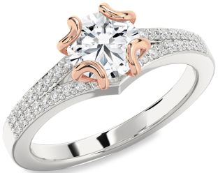 Diamond Silver & 10K Rose Gold Round Solitaire Pave Engagement Ring
