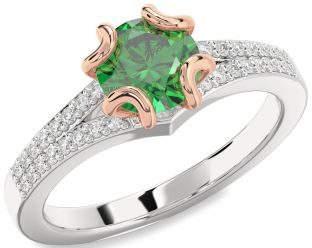 Diamond Emerald Silver & 10K Rose Gold Round Solitaire Pave Engagement Ring