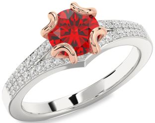 Diamond Ruby Silver & 10K Rose Gold Round Solitaire Pave Engagement Ring