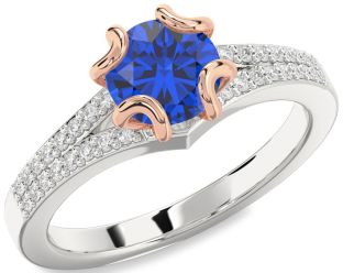 Diamond Blue Sapphire Silver & 10K Rose Gold Round Solitaire Pave Engagement Ring