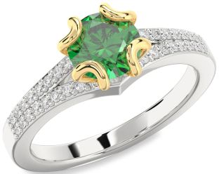 Diamond Emerald White Yellow Gold Round Solitaire Pave Engagement Ring