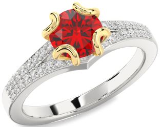 Diamond Ruby White Yellow Gold Round Solitaire Pave Engagement Ring