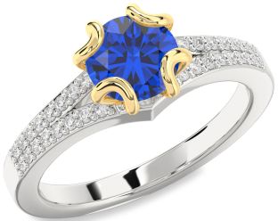 Diamond Blue Sapphire Gold Silver Round Solitaire Pave Engagement Ring