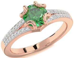 Diamond Emerald Rose Gold Round Solitaire Pave Engagement Ring