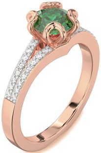 Diamond Emerald Rose Gold Round Solitaire Pave Engagement Ring